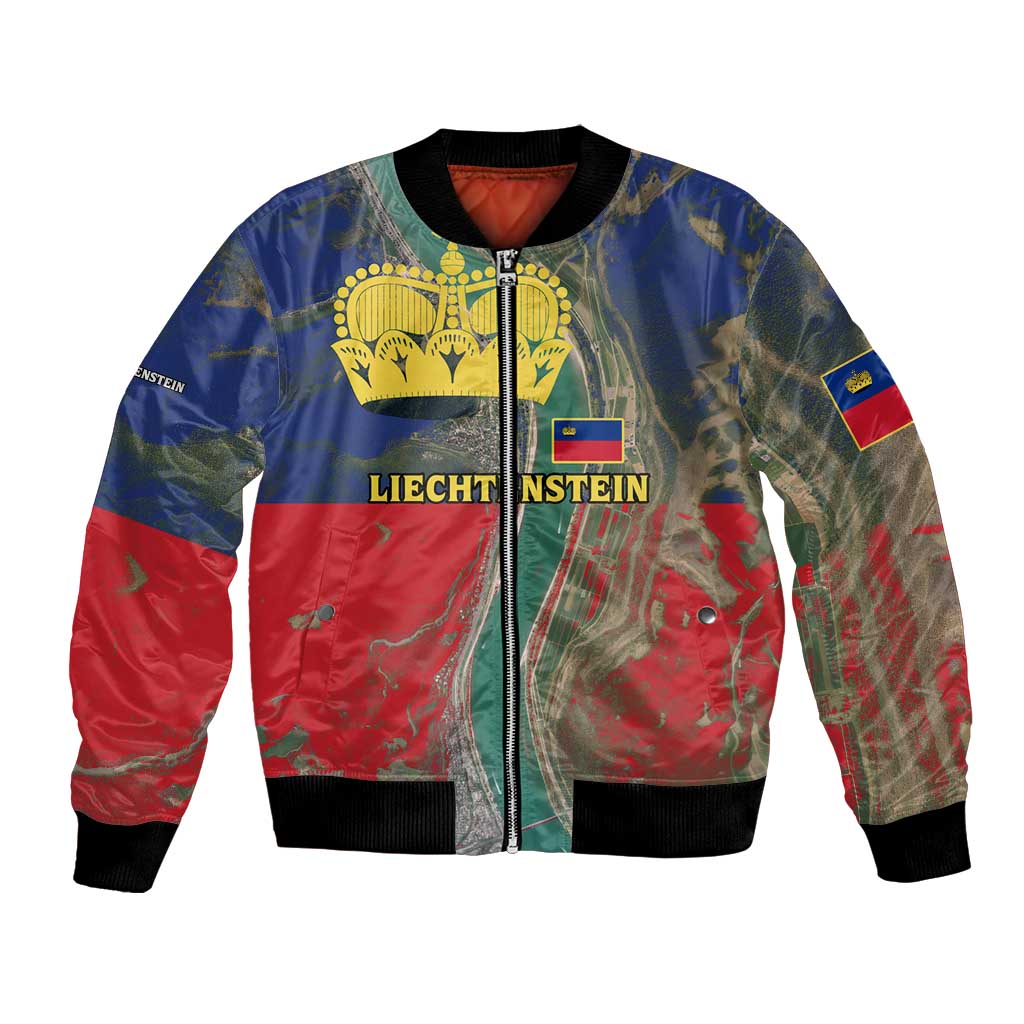 Liechtenstein Bomber Jacket with Red Blue Aerial River Design and Yellow Crown Emblem - Wonder Print Shop