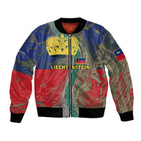 Liechtenstein Bomber Jacket with Red Blue Aerial River Design and Yellow Crown Emblem - Wonder Print Shop