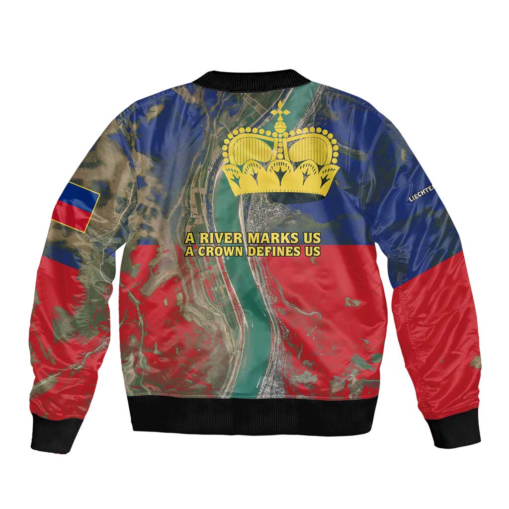 Liechtenstein Bomber Jacket with Red Blue Aerial River Design and Yellow Crown Emblem - Wonder Print Shop