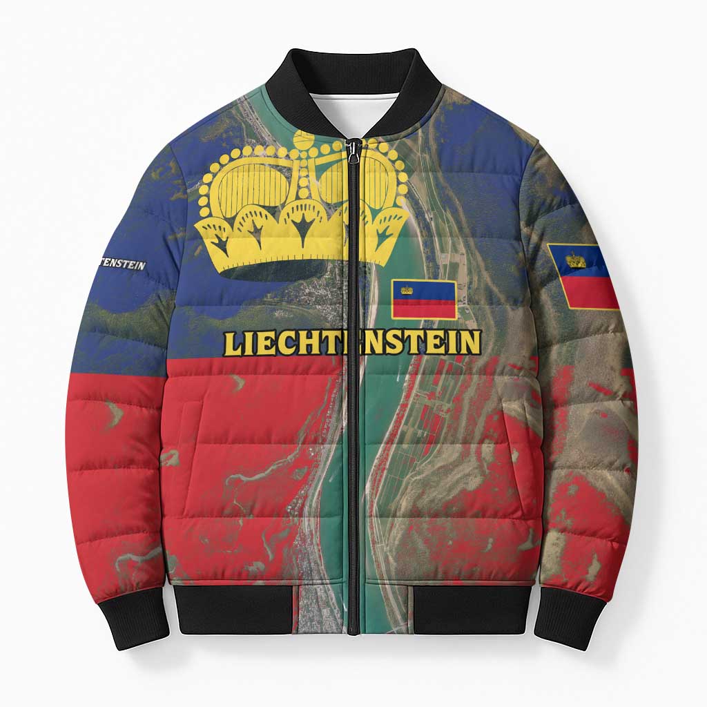 Liechtenstein Bomber Puffer Jacket with Red Blue Aerial River Design and Yellow Crown Emblem - Wonder Print Shop