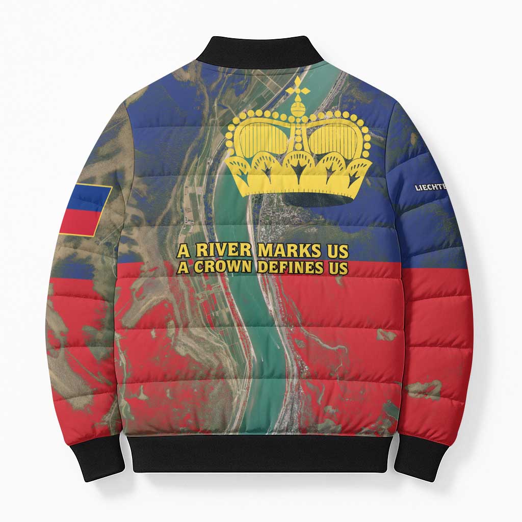 Liechtenstein Bomber Puffer Jacket with Red Blue Aerial River Design and Yellow Crown Emblem - Wonder Print Shop