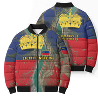 Liechtenstein Bomber Puffer Jacket with Red Blue Aerial River Design and Yellow Crown Emblem - Wonder Print Shop
