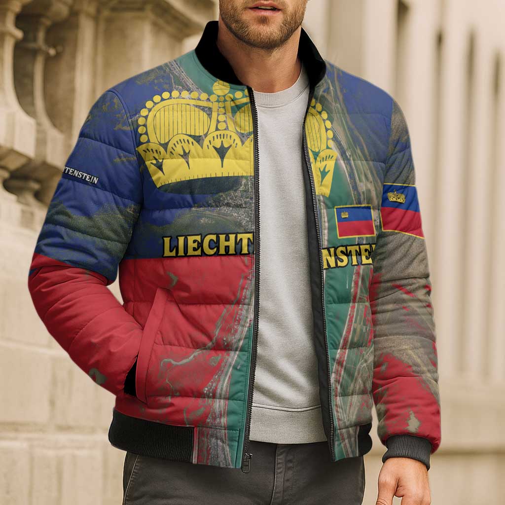 Liechtenstein Bomber Puffer Jacket with Red Blue Aerial River Design and Yellow Crown Emblem - Wonder Print Shop