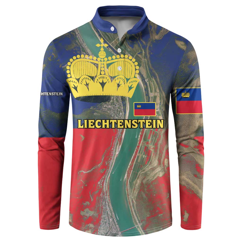 Liechtenstein Button Sweatshirt with Red Blue Aerial River Design and Yellow Crown Emblem - Wonder Print Shop