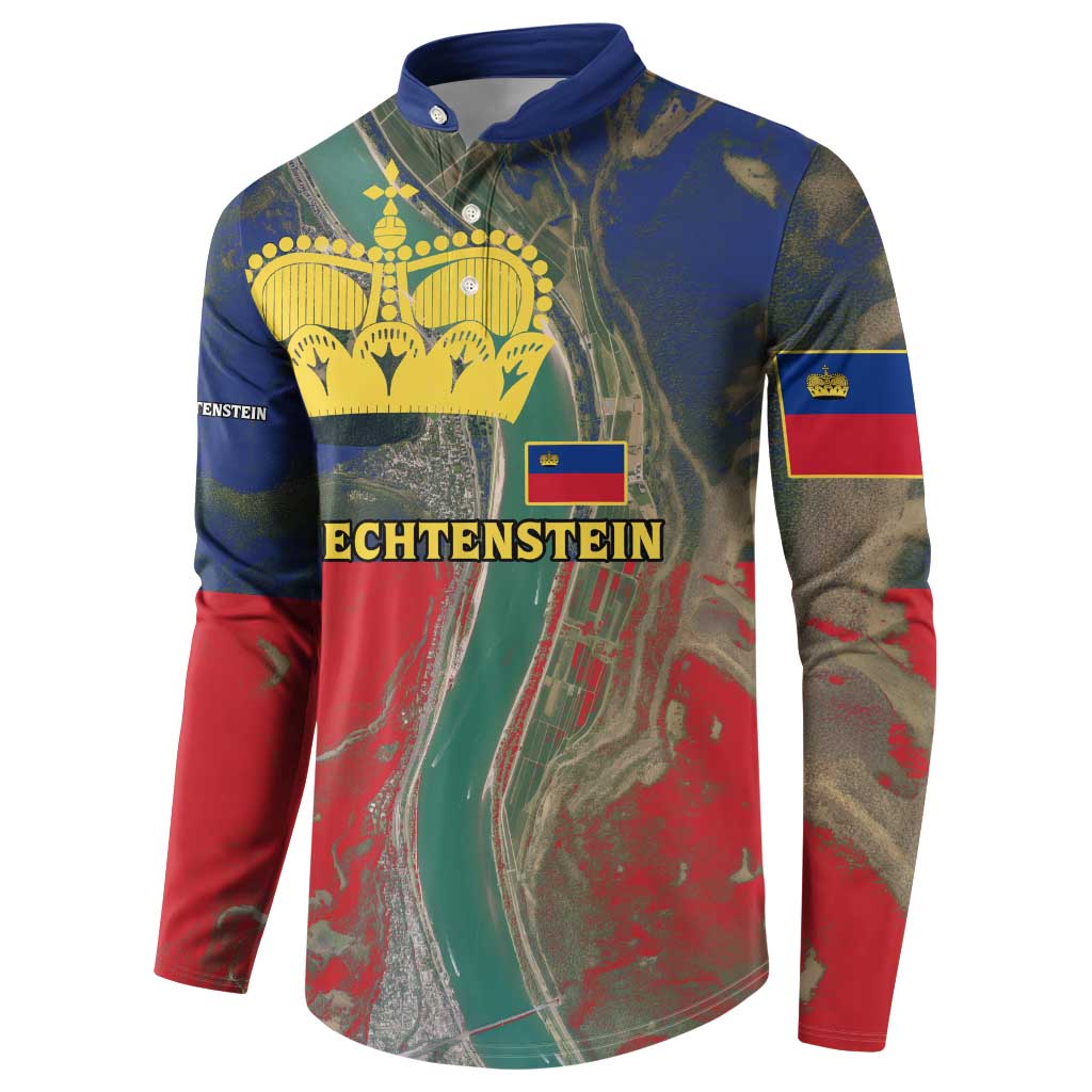 Liechtenstein Button Sweatshirt with Red Blue Aerial River Design and Yellow Crown Emblem - Wonder Print Shop