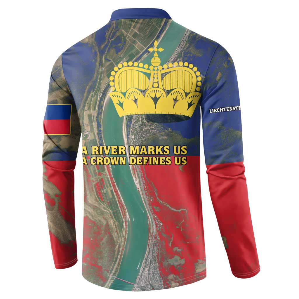 Liechtenstein Button Sweatshirt with Red Blue Aerial River Design and Yellow Crown Emblem - Wonder Print Shop