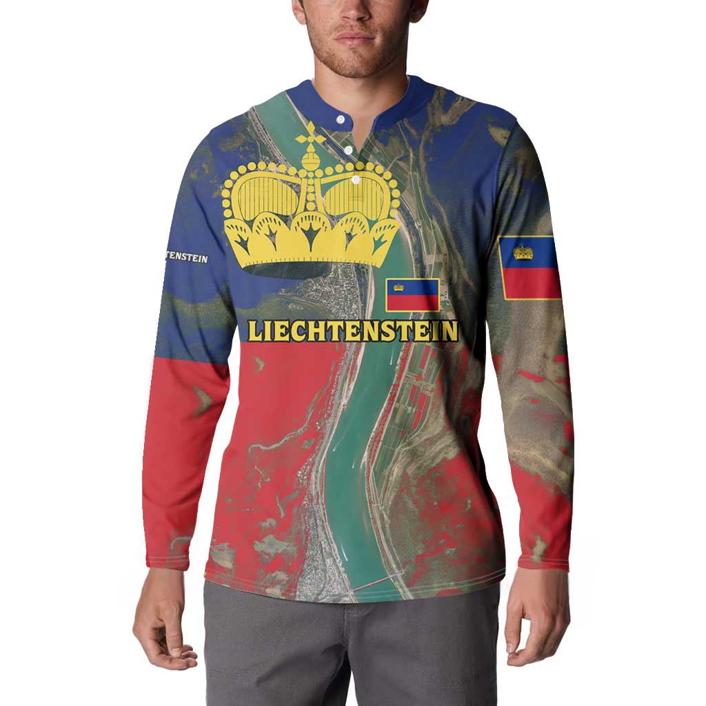 Liechtenstein Button Sweatshirt with Red Blue Aerial River Design and Yellow Crown Emblem - Wonder Print Shop