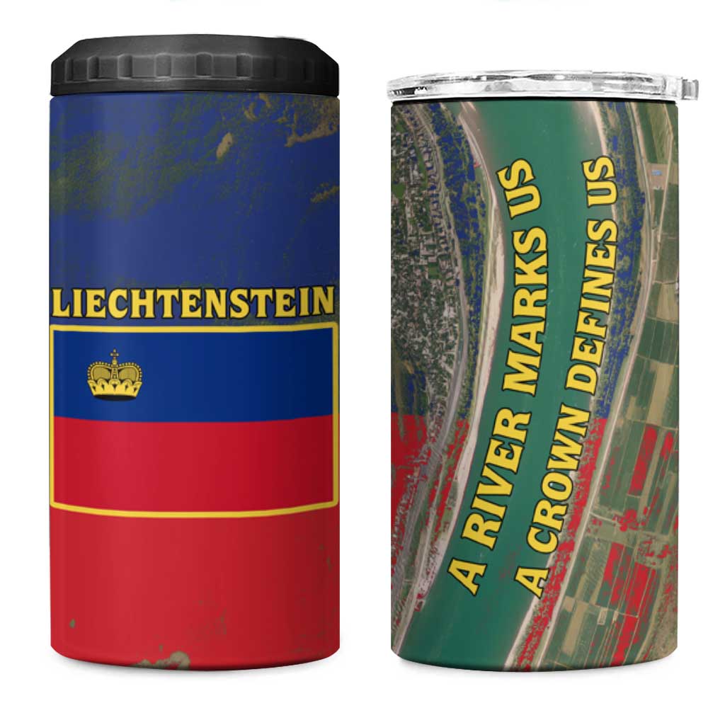 Liechtenstein 4 in 1 Can Cooler Tumbler with Red Blue Aerial River Design and Yellow Crown Emblem - Wonder Print Shop