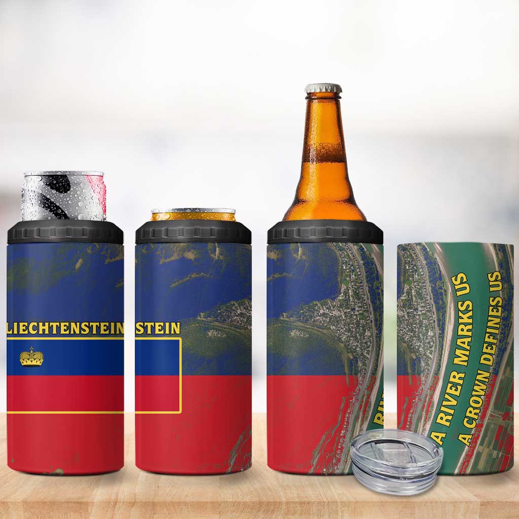 Liechtenstein 4 in 1 Can Cooler Tumbler with Red Blue Aerial River Design and Yellow Crown Emblem - Wonder Print Shop