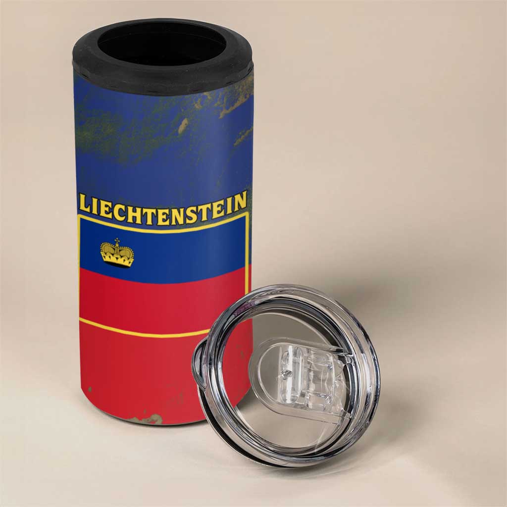 Liechtenstein 4 in 1 Can Cooler Tumbler with Red Blue Aerial River Design and Yellow Crown Emblem - Wonder Print Shop
