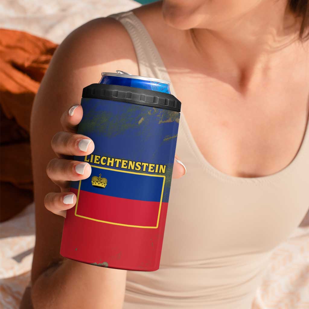 Liechtenstein 4 in 1 Can Cooler Tumbler with Red Blue Aerial River Design and Yellow Crown Emblem - Wonder Print Shop