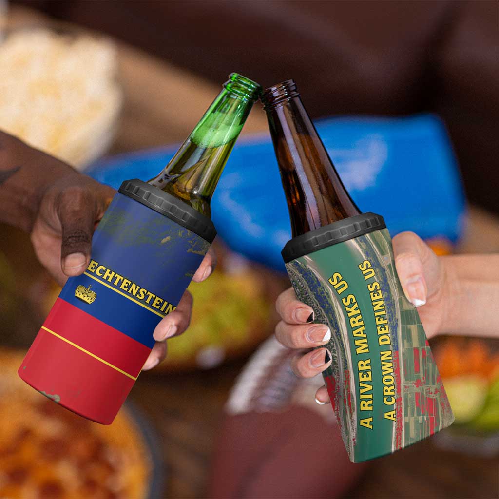 Liechtenstein 4 in 1 Can Cooler Tumbler with Red Blue Aerial River Design and Yellow Crown Emblem - Wonder Print Shop