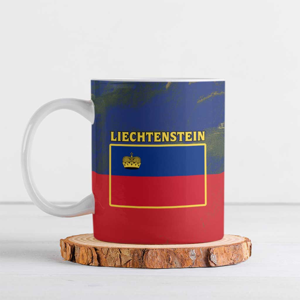 Liechtenstein Ceramic Mug with Red Blue Aerial River Design and Yellow Crown Emblem - Wonder Print Shop