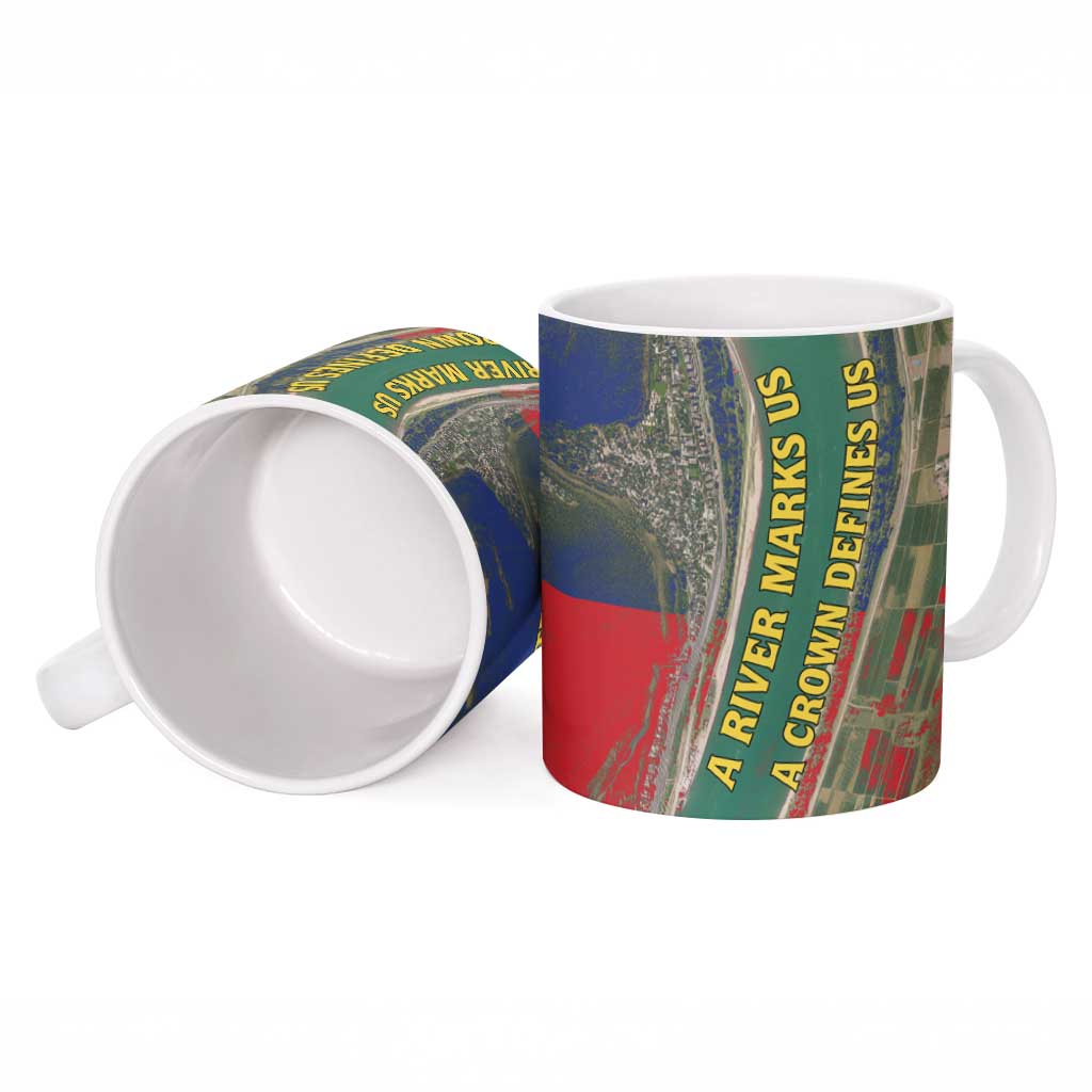 Liechtenstein Ceramic Mug with Red Blue Aerial River Design and Yellow Crown Emblem - Wonder Print Shop