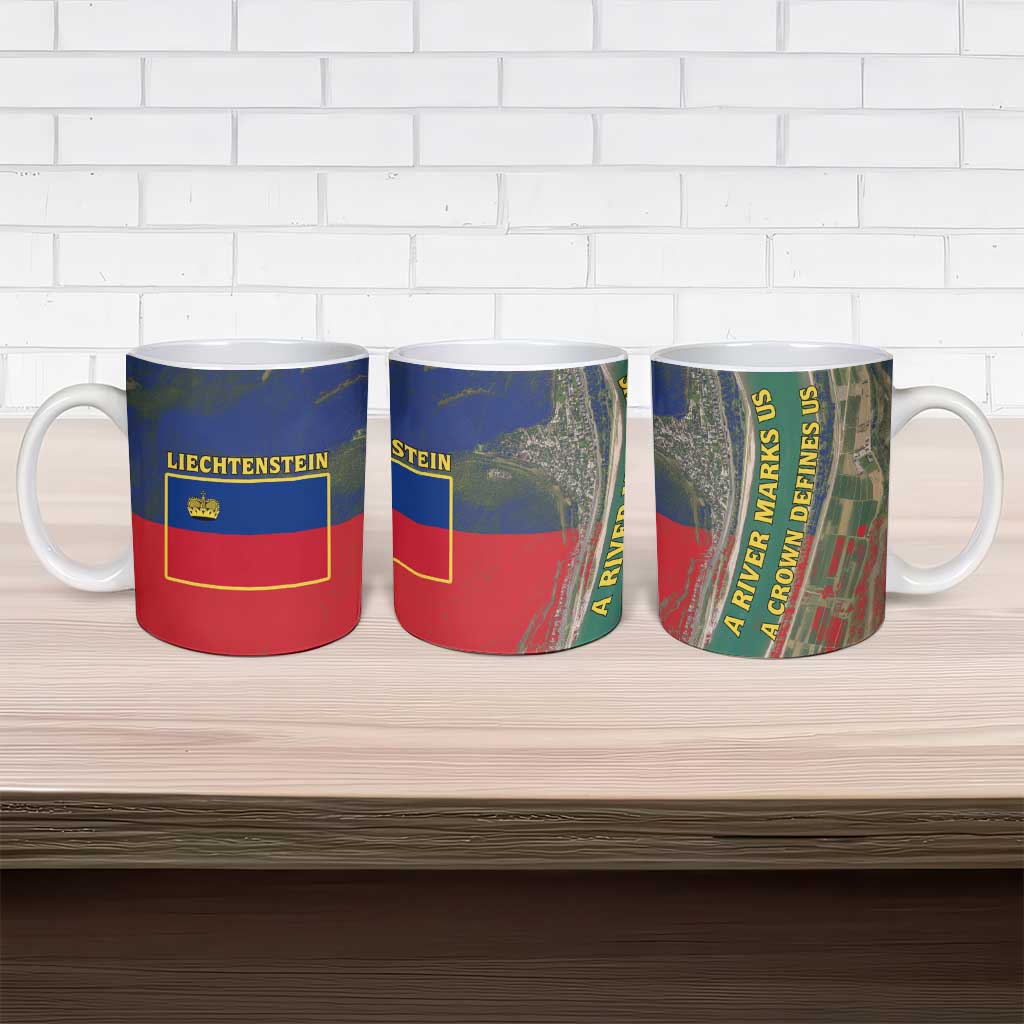 Liechtenstein Ceramic Mug with Red Blue Aerial River Design and Yellow Crown Emblem - Wonder Print Shop