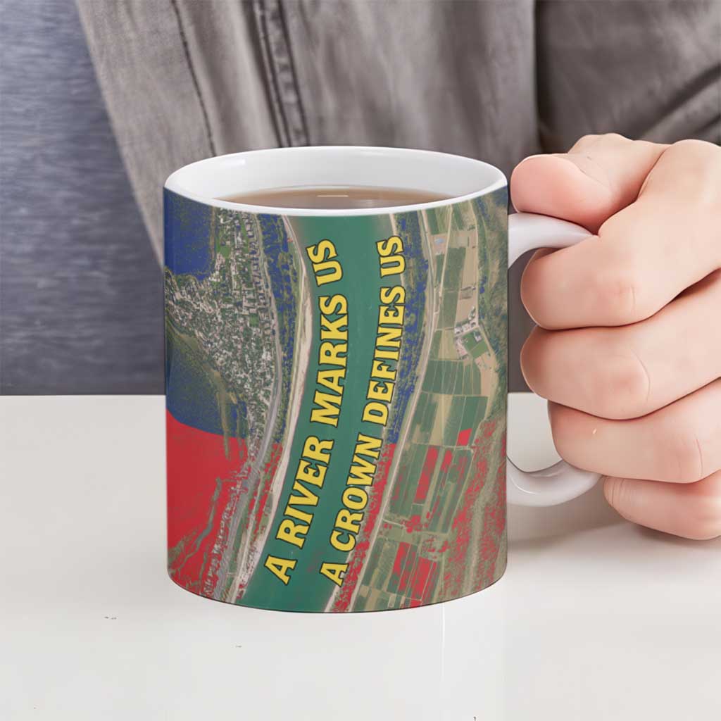 Liechtenstein Ceramic Mug with Red Blue Aerial River Design and Yellow Crown Emblem - Wonder Print Shop
