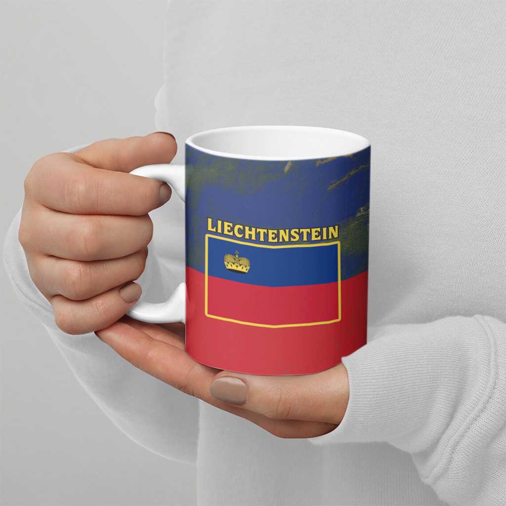 Liechtenstein Ceramic Mug with Red Blue Aerial River Design and Yellow Crown Emblem - Wonder Print Shop