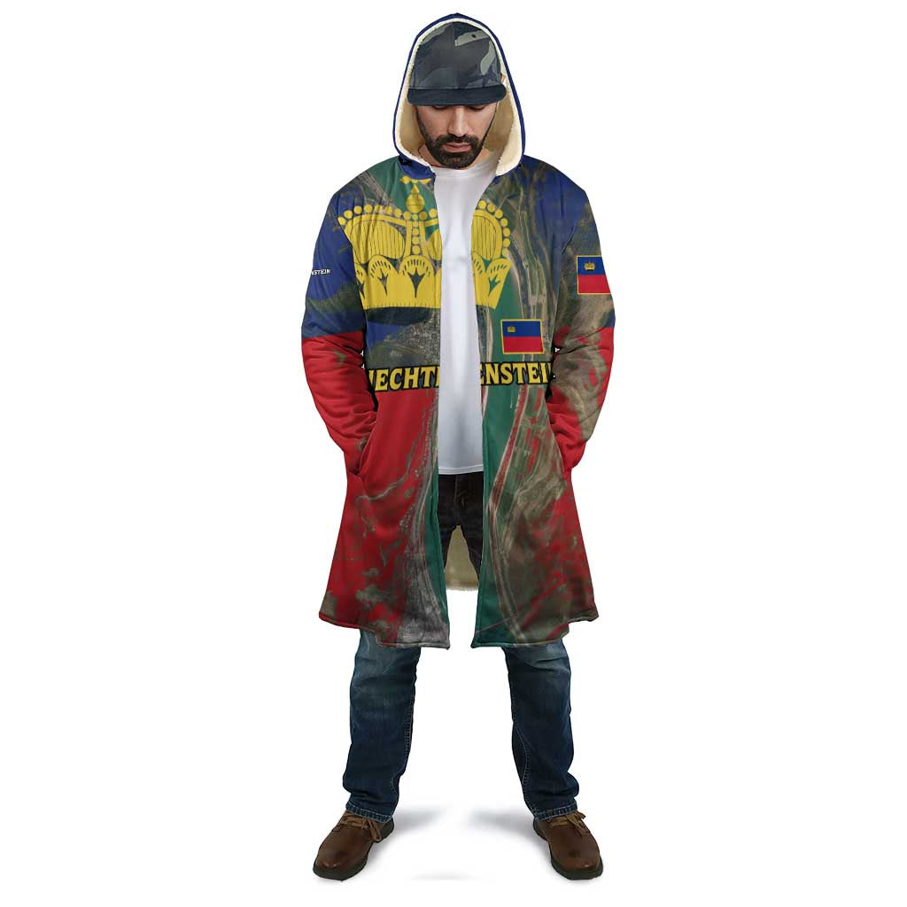 Liechtenstein Cloak with Red Blue Aerial River Design and Yellow Crown Emblem - Wonder Print Shop
