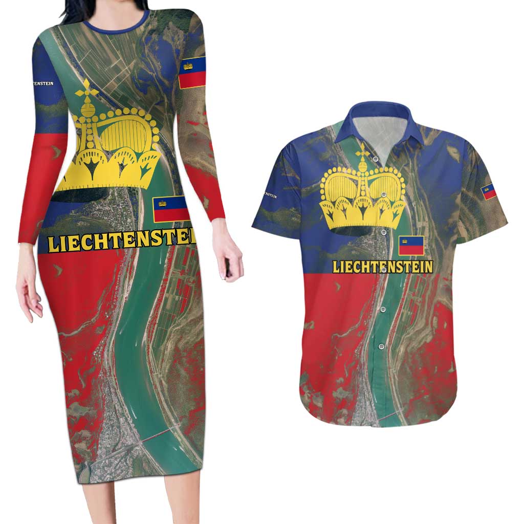 Liechtenstein Couples Matching Long Sleeve Bodycon Dress and Hawaiian Shirt with Red Blue Aerial River Design and Yellow Crown Emblem - Wonder Print Shop