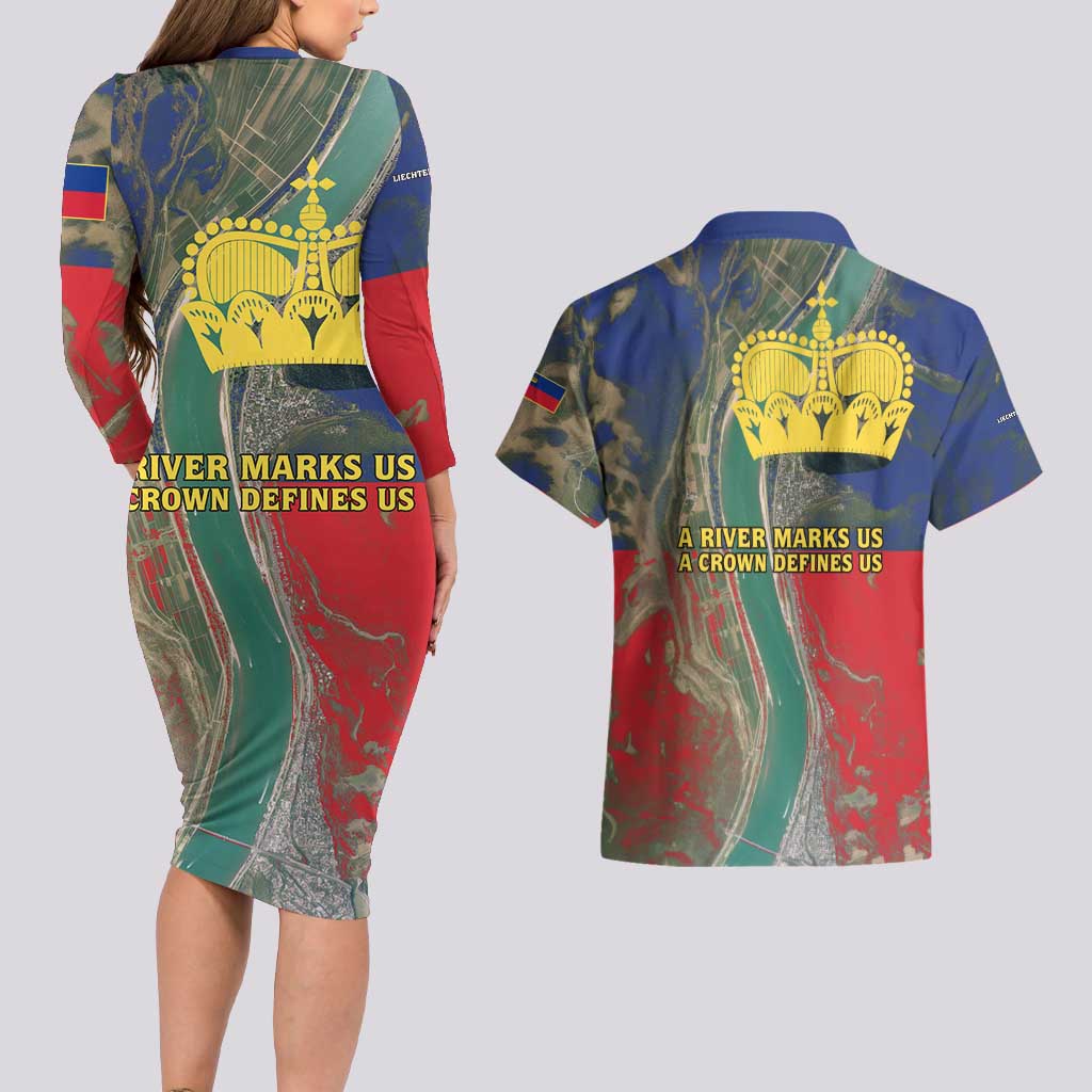 Liechtenstein Couples Matching Long Sleeve Bodycon Dress and Hawaiian Shirt with Red Blue Aerial River Design and Yellow Crown Emblem - Wonder Print Shop