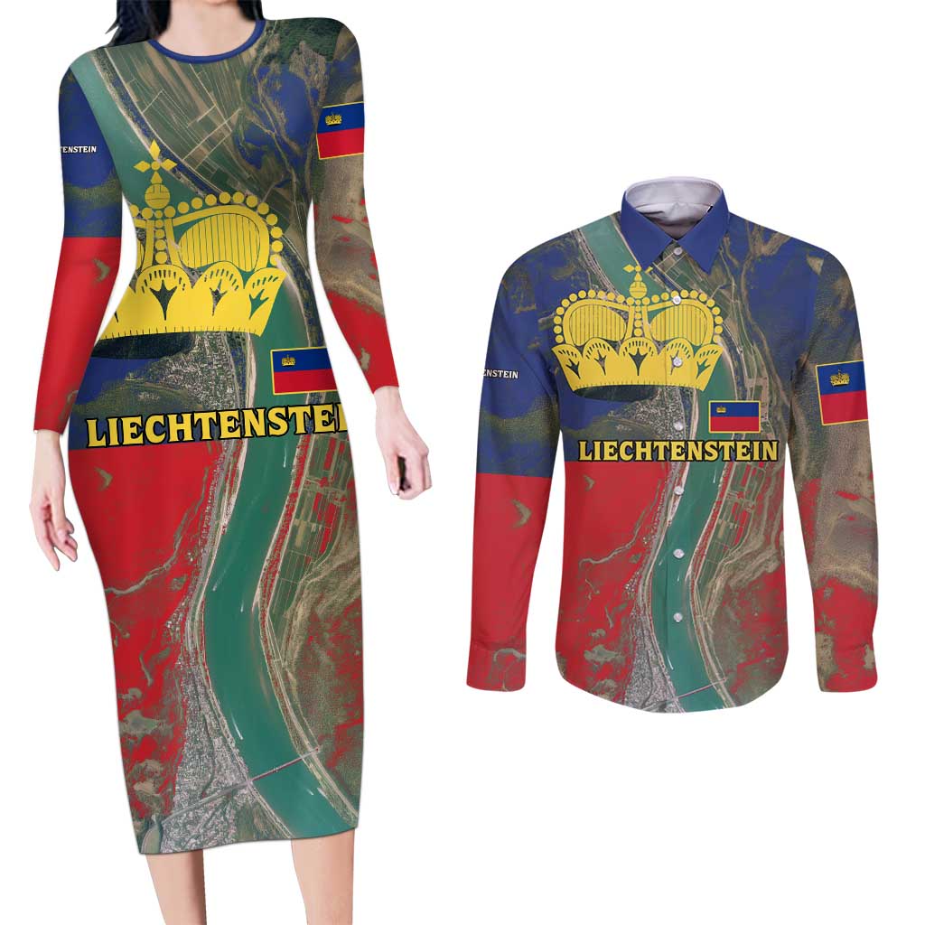 Liechtenstein Couples Matching Long Sleeve Bodycon Dress and Long Sleeve Button Shirt with Red Blue Aerial River Design and Yellow Crown Emblem - Wonder Print Shop