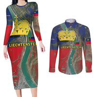 Liechtenstein Couples Matching Long Sleeve Bodycon Dress and Long Sleeve Button Shirt with Red Blue Aerial River Design and Yellow Crown Emblem - Wonder Print Shop