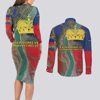 Liechtenstein Couples Matching Long Sleeve Bodycon Dress and Long Sleeve Button Shirt with Red Blue Aerial River Design and Yellow Crown Emblem - Wonder Print Shop