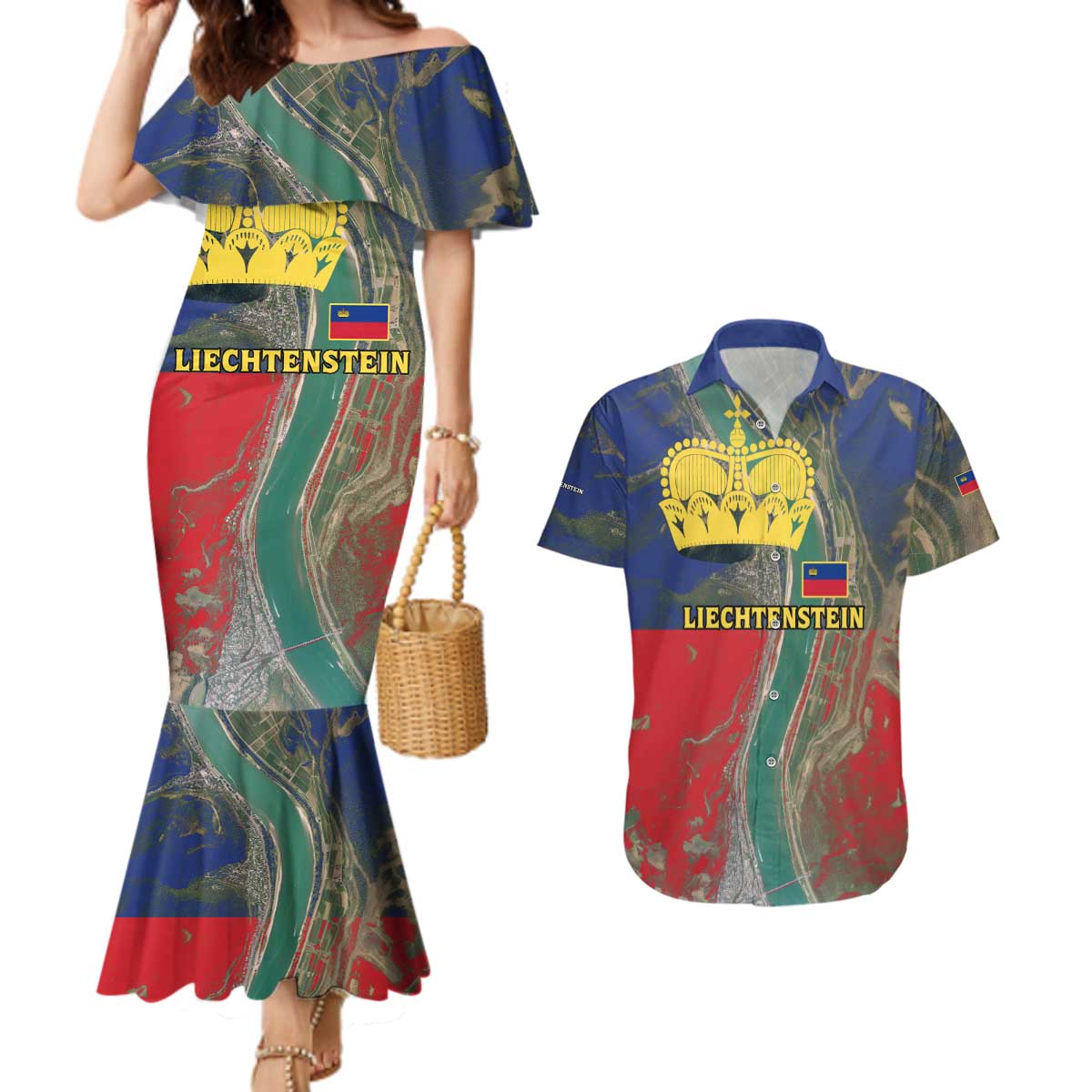 Liechtenstein Couples Matching Mermaid Dress and Hawaiian Shirt with Red Blue Aerial River Design and Yellow Crown Emblem - Wonder Print Shop