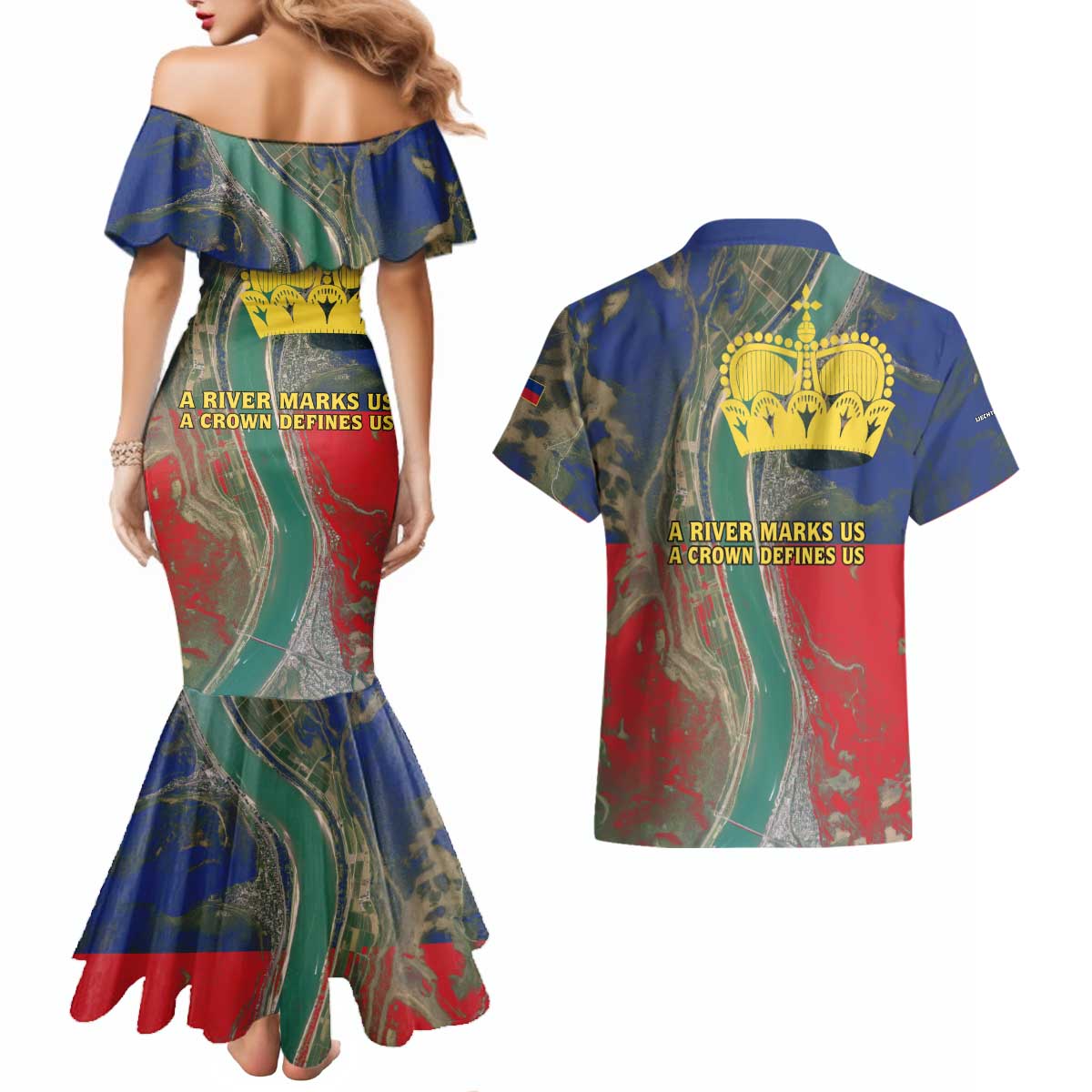 Liechtenstein Couples Matching Mermaid Dress and Hawaiian Shirt with Red Blue Aerial River Design and Yellow Crown Emblem - Wonder Print Shop