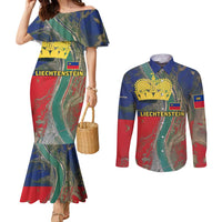 Liechtenstein Couples Matching Mermaid Dress and Long Sleeve Button Shirt with Red Blue Aerial River Design and Yellow Crown Emblem - Wonder Print Shop