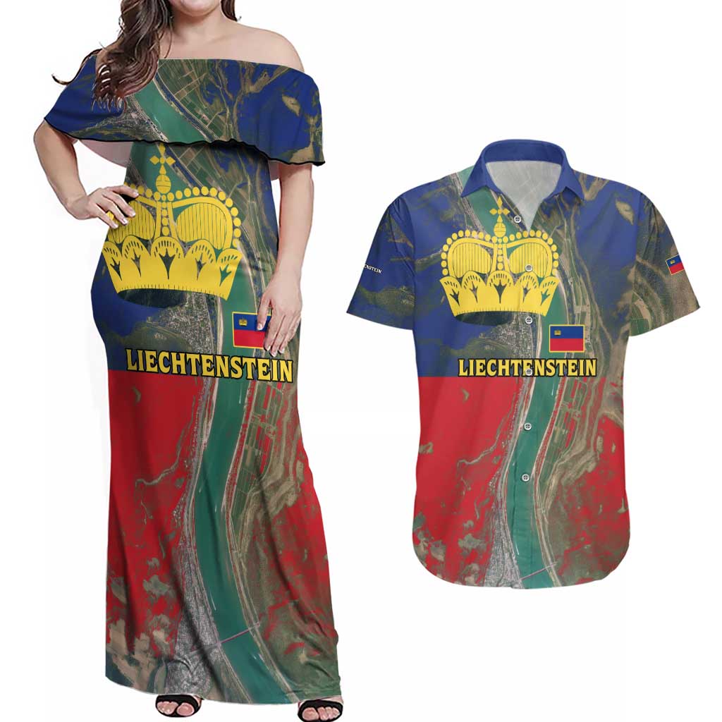 Liechtenstein Couples Matching Off Shoulder Maxi Dress and Hawaiian Shirt with Red Blue Aerial River Design and Yellow Crown Emblem - Wonder Print Shop