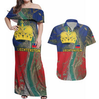 Liechtenstein Couples Matching Off Shoulder Maxi Dress and Hawaiian Shirt with Red Blue Aerial River Design and Yellow Crown Emblem - Wonder Print Shop