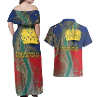 Liechtenstein Couples Matching Off Shoulder Maxi Dress and Hawaiian Shirt with Red Blue Aerial River Design and Yellow Crown Emblem - Wonder Print Shop