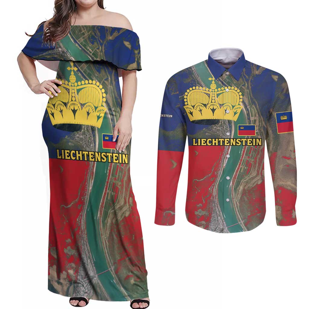 Liechtenstein Couples Matching Off Shoulder Maxi Dress and Long Sleeve Button Shirt with Red Blue Aerial River Design and Yellow Crown Emblem - Wonder Print Shop