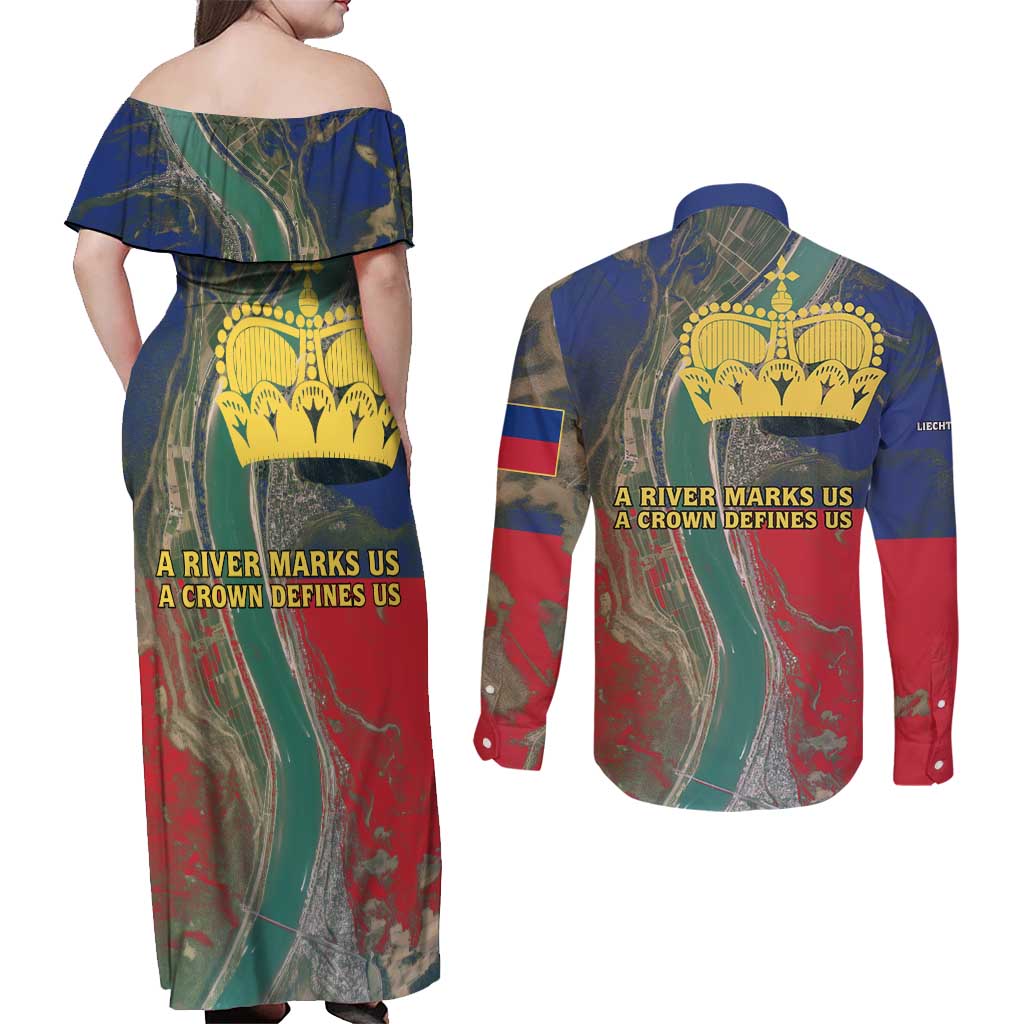 Liechtenstein Couples Matching Off Shoulder Maxi Dress and Long Sleeve Button Shirt with Red Blue Aerial River Design and Yellow Crown Emblem - Wonder Print Shop