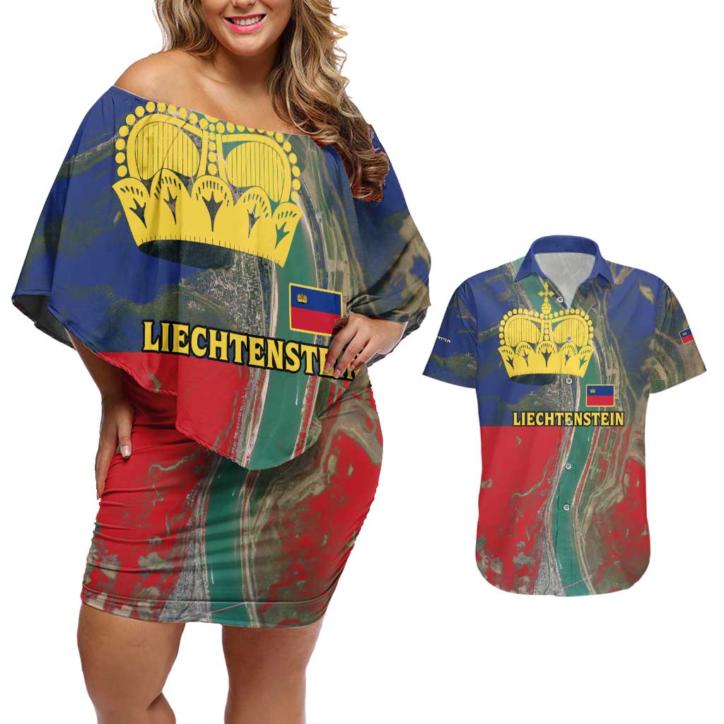 Liechtenstein Couples Matching Off Shoulder Short Dress and Hawaiian Shirt with Red Blue Aerial River Design and Yellow Crown Emblem - Wonder Print Shop