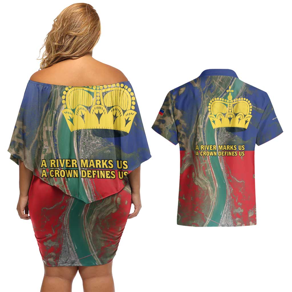 Liechtenstein Couples Matching Off Shoulder Short Dress and Hawaiian Shirt with Red Blue Aerial River Design and Yellow Crown Emblem - Wonder Print Shop