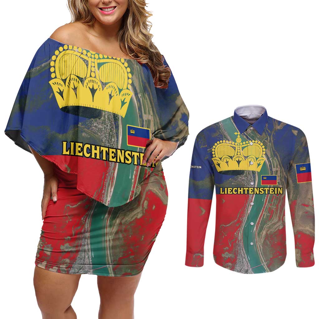 Liechtenstein Couples Matching Off Shoulder Short Dress and Long Sleeve Button Shirt with Red Blue Aerial River Design and Yellow Crown Emblem - Wonder Print Shop