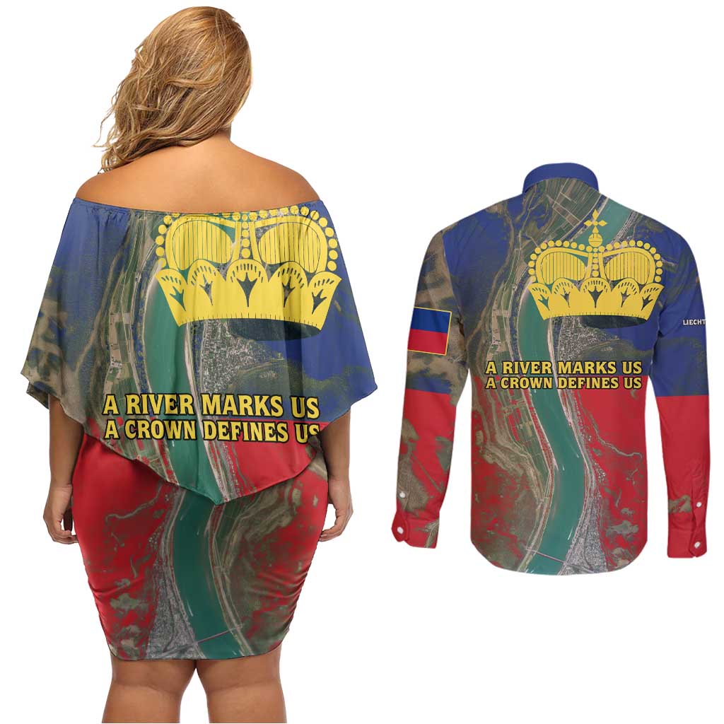 Liechtenstein Couples Matching Off Shoulder Short Dress and Long Sleeve Button Shirt with Red Blue Aerial River Design and Yellow Crown Emblem - Wonder Print Shop