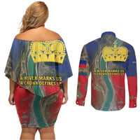 Liechtenstein Couples Matching Off Shoulder Short Dress and Long Sleeve Button Shirt with Red Blue Aerial River Design and Yellow Crown Emblem - Wonder Print Shop