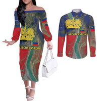 Liechtenstein Couples Matching Off The Shoulder Long Sleeve Dress and Long Sleeve Button Shirt with Red Blue Aerial River Design and Yellow Crown Emblem - Wonder Print Shop