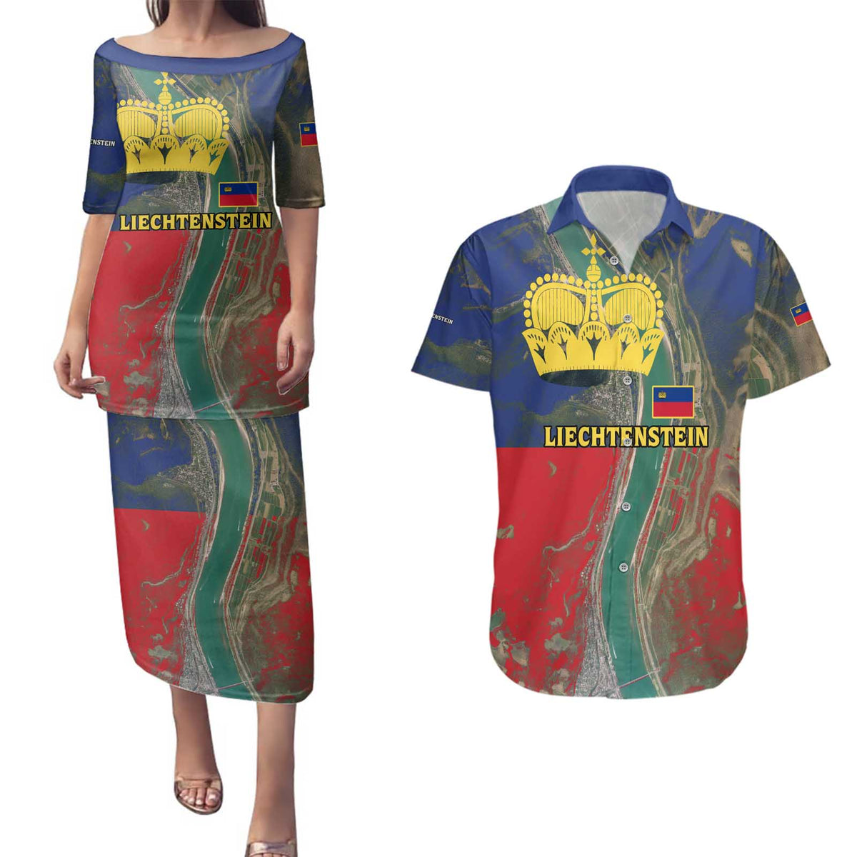 Liechtenstein Couples Matching Puletasi and Hawaiian Shirt with Red Blue Aerial River Design and Yellow Crown Emblem - Wonder Print Shop