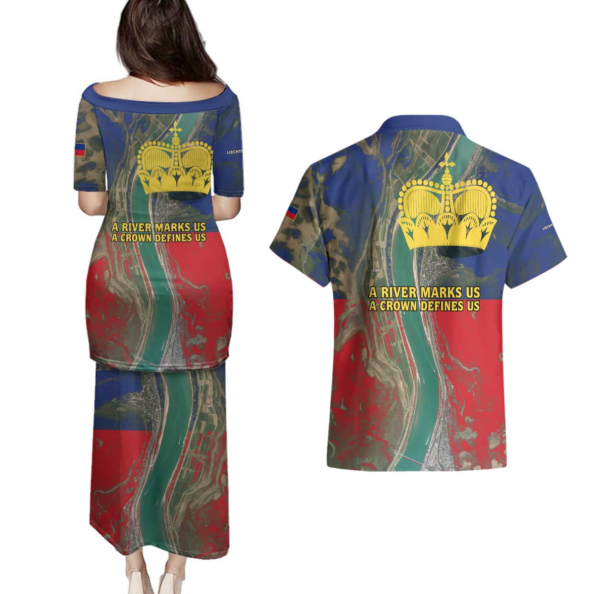 Liechtenstein Couples Matching Puletasi and Hawaiian Shirt with Red Blue Aerial River Design and Yellow Crown Emblem - Wonder Print Shop