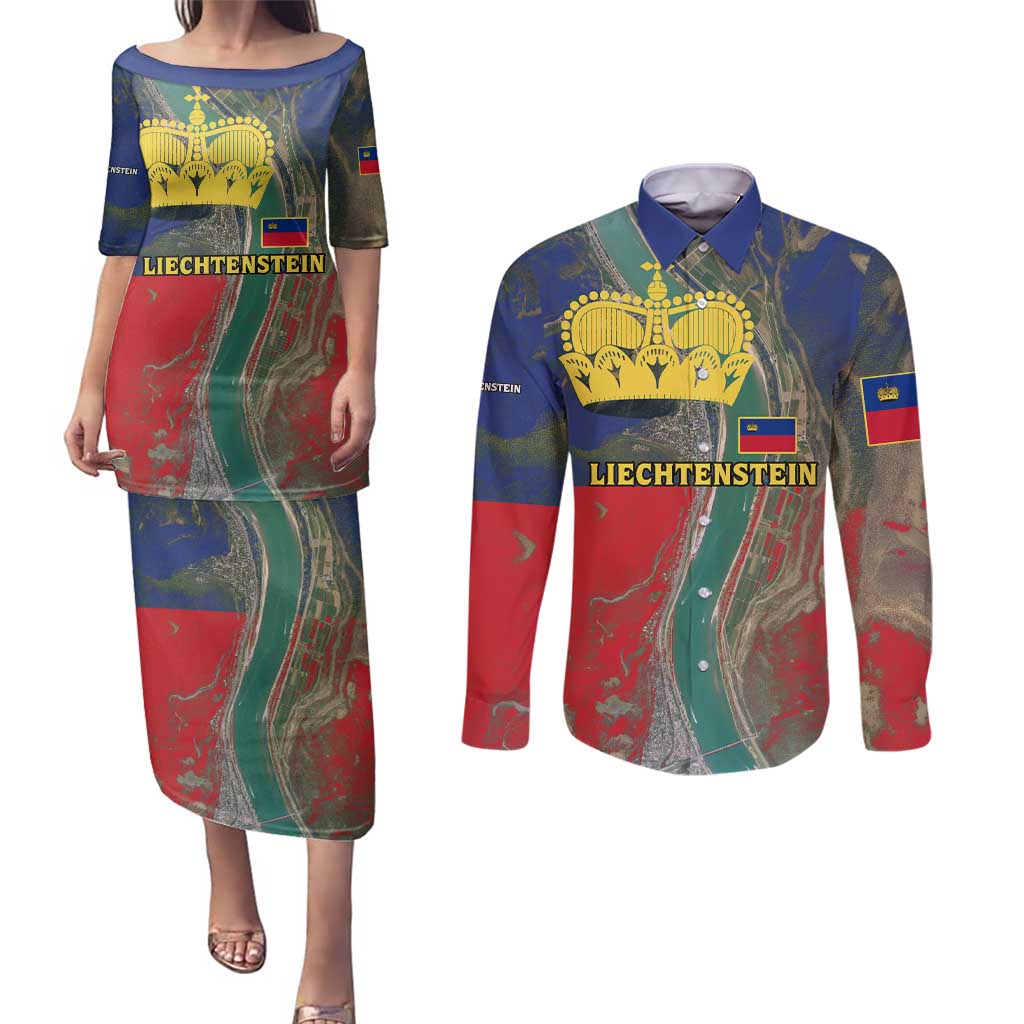 Liechtenstein Couples Matching Puletasi and Long Sleeve Button Shirt with Red Blue Aerial River Design and Yellow Crown Emblem - Wonder Print Shop