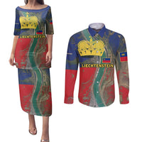 Liechtenstein Couples Matching Puletasi and Long Sleeve Button Shirt with Red Blue Aerial River Design and Yellow Crown Emblem - Wonder Print Shop