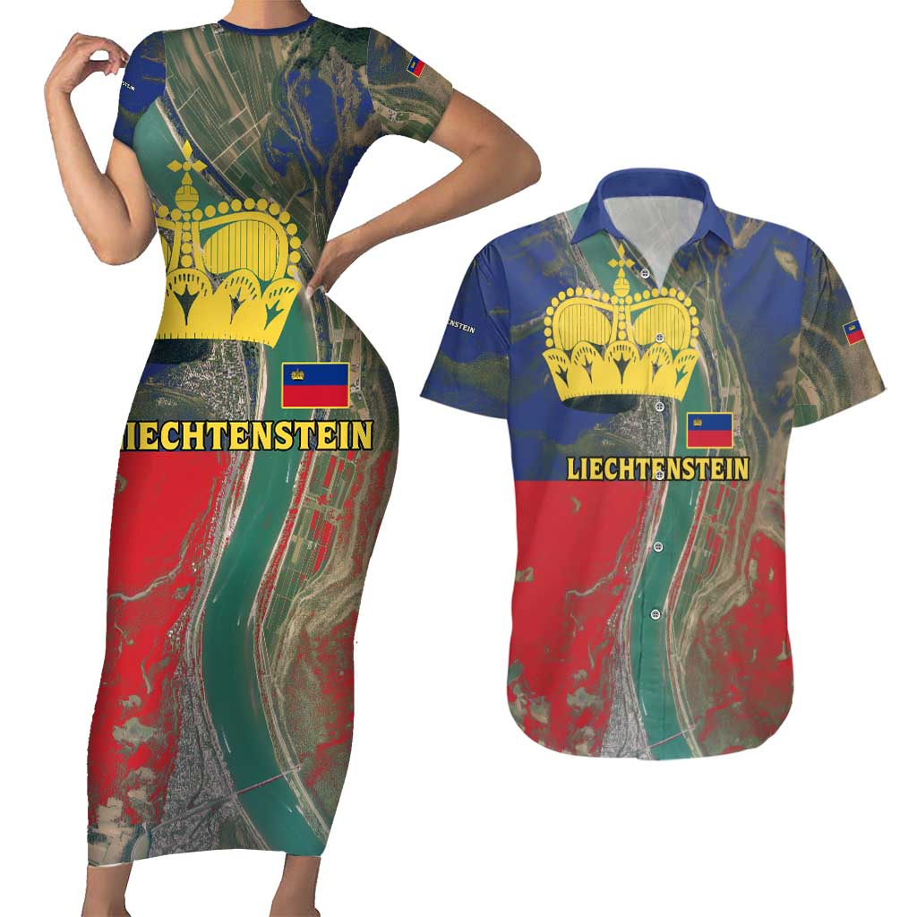 Liechtenstein Couples Matching Short Sleeve Bodycon Dress and Hawaiian Shirt with Red Blue Aerial River Design and Yellow Crown Emblem - Wonder Print Shop