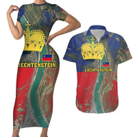 Liechtenstein Couples Matching Short Sleeve Bodycon Dress and Hawaiian Shirt with Red Blue Aerial River Design and Yellow Crown Emblem - Wonder Print Shop