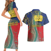 Liechtenstein Couples Matching Short Sleeve Bodycon Dress and Hawaiian Shirt with Red Blue Aerial River Design and Yellow Crown Emblem - Wonder Print Shop