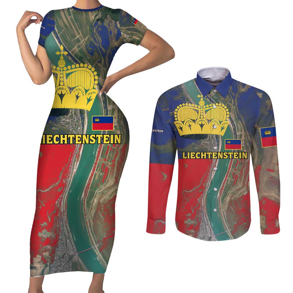 Liechtenstein Couples Matching Short Sleeve Bodycon Dress and Long Sleeve Button Shirt with Red Blue Aerial River Design and Yellow Crown Emblem - Wonder Print Shop