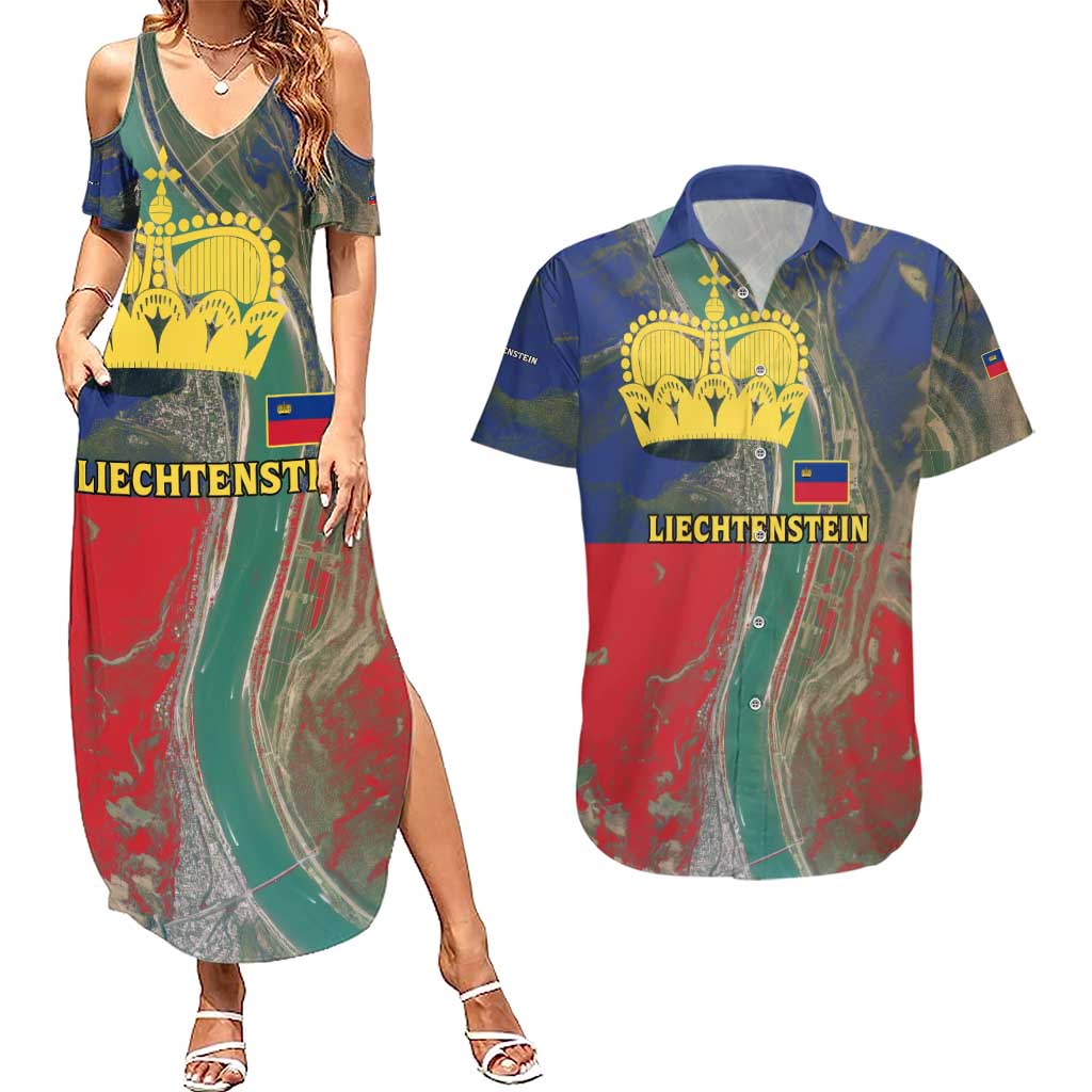Liechtenstein Couples Matching Summer Maxi Dress and Hawaiian Shirt with Red Blue Aerial River Design and Yellow Crown Emblem - Wonder Print Shop